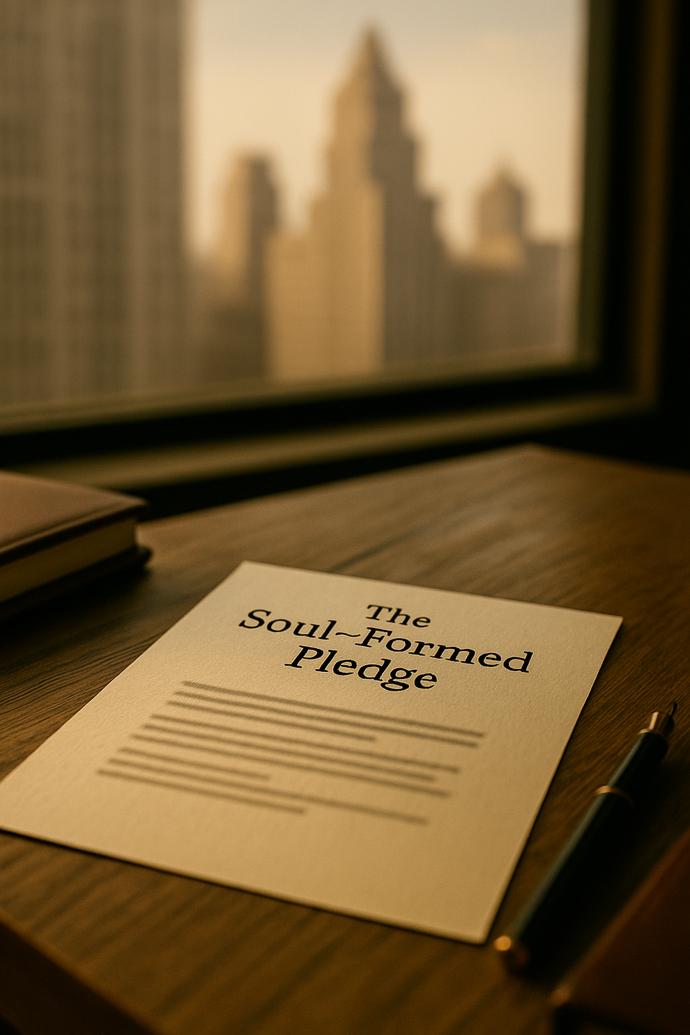 A view of the pledge on a table overlooking a city